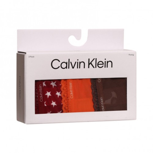 Damskie stringi Calvin Klein Bottoms Up Refresh brązowe, pomarańczowe, bordowe z gwiazdkami – 3-pak Damskie stringi Calvin Klein Bottoms Up Refresh brązowe, pomarańczowe, bordowe z gwiazdkami – 3-pak