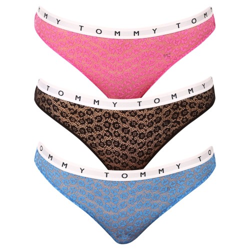 Damskie Koronkowe Majtki Tommy Hilfiger Full Lace Bikini 3-Pack Wielokolorowe - Różowe, Czarne, Niebieskie