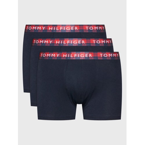 Męskie bokserki Tommy Hilfiger Trunk Printed WB czarne z paskiem w kratkę 3-pack