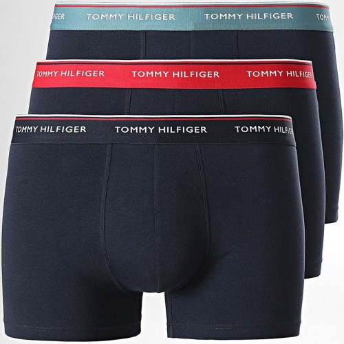 Męskie Bokserki Tommy Hilfiger Premium Essentials WB Trunk Granatowe z Czarnym, Miętowym i Czerwonym Pasem 3-Pak