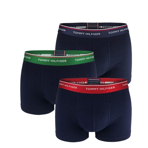 Męskie Bokserki Tommy Hilfiger Premium Essentials WB Trunk Granatowe z Czarnym, Zielonym i Czerwonym Pasem 3-Pack